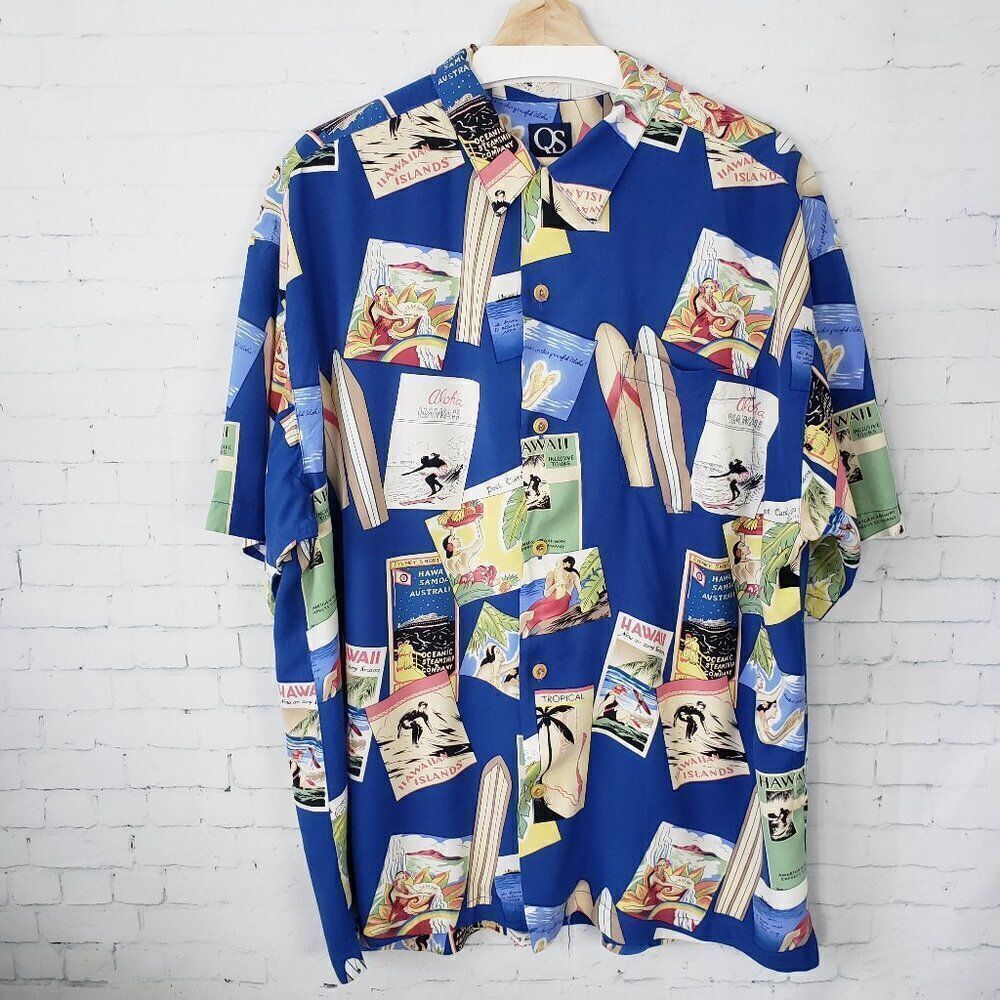 Quiksilver Loop Collar VTG Hawaiian Shirt XL Postcard Novelty Print Made In USA